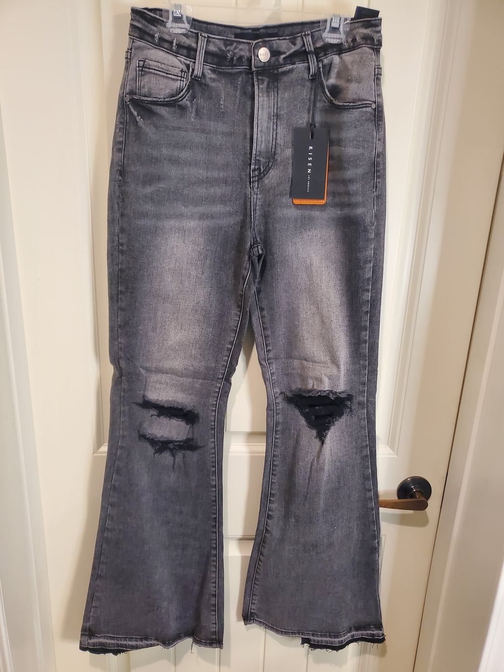 Risen High-Rise Distressed Flare Jeans